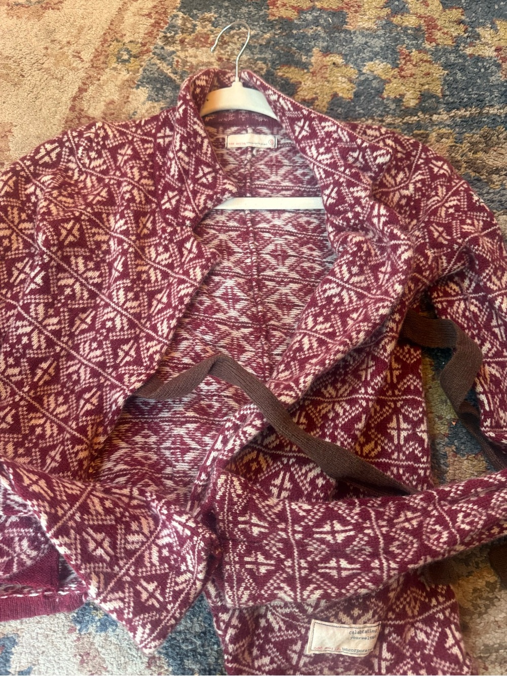 Anthropologie Burgundy and Cream Geometric Knit Cardigan